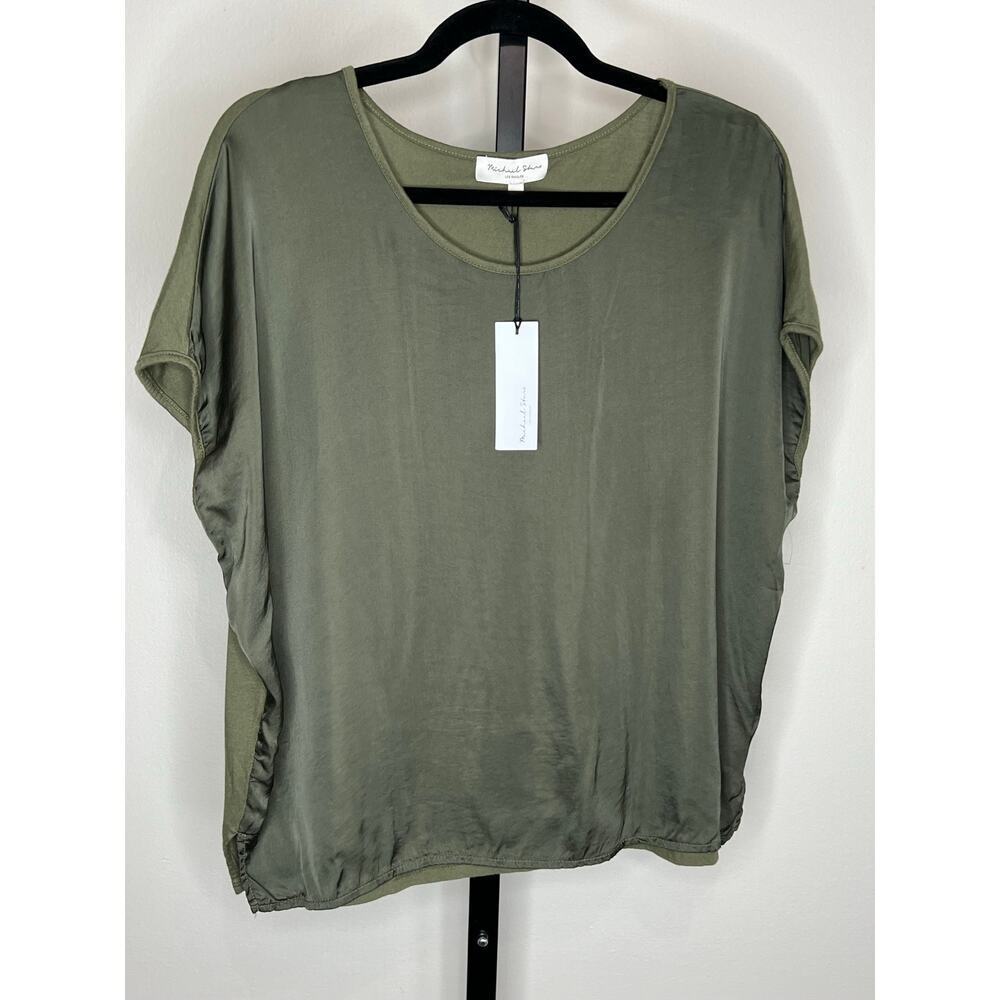 Michael Stars Elena Boxy Tee Satin Knit Olive Green XS NWT